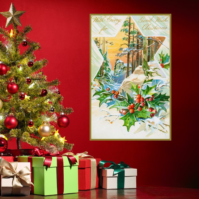 Póster Vintage Merry Christmas Holly Berries Festividad d (Vintage Merry Christmas Holly Berriy Snow Festive Seasons Greetings Poster)