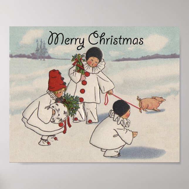 Póster Vintage Merry Christmas Snow Children Holiday (Frente)