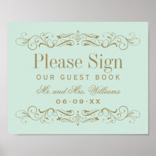 Póster Vintage Mint Antique Flourier Boda Guest Book