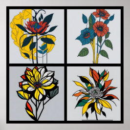 Póster vintage mondrian flowers 4/4 all in one