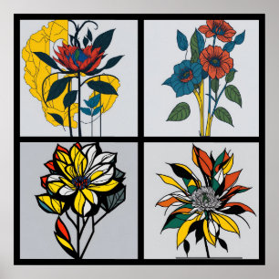 Póster vintage mondrian flowers 4/4 all in one
