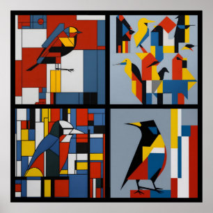 Póster vintage mondrian style birds 4/4 all in one