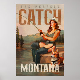 Póster Vintage Montana Pesca Pinup Chica River Fish Art