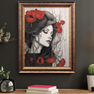 Póster Vintage Mujer y flor de amapola roja Botánica