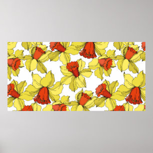 Póster vintage Narcissus flor floral botánica amarillo a