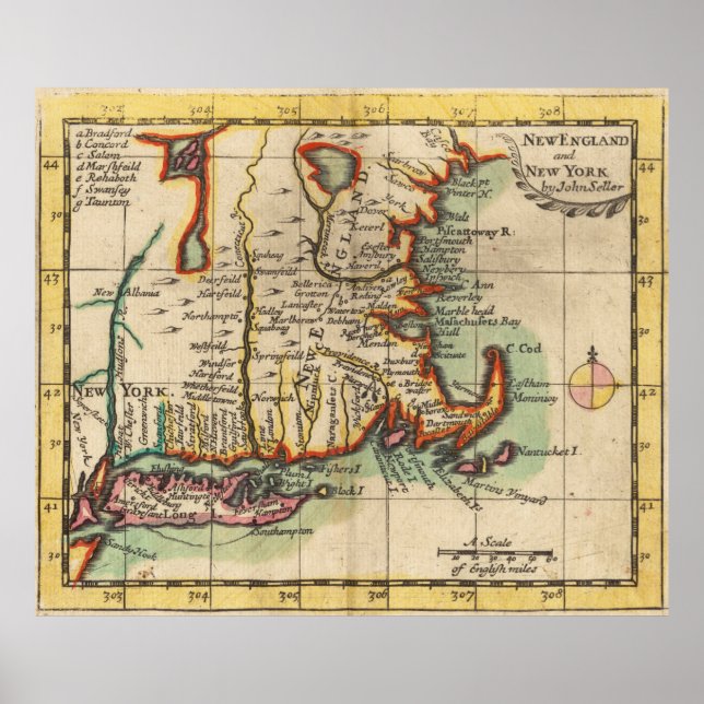 Póster Vintage New England & Long Island Map (1703) (Frente)