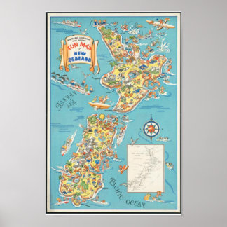 Póster Vintage New Zealand Fun Map South Island Poster