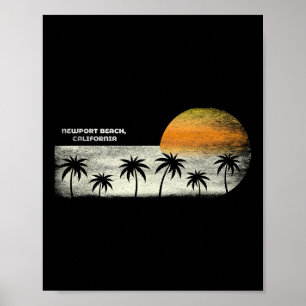 Póster Vintage Newport Beach Ca Ocean Sunset Y Palm Tre