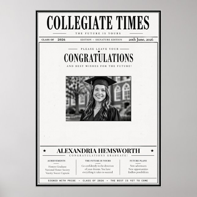 Póster Vintage Newspaper Graduation Autograph Poster (Frente)