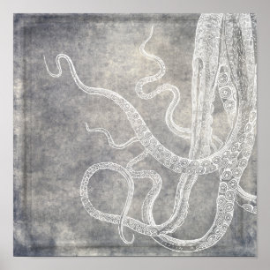 Póster Vintage Octopus Silver Pewter Gris Watercolor