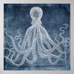 Póster Vintage Octopus Twilight Blue Denim Watercolor