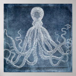 Póster Vintage Octopus Twilight Blue Denim Watercolor