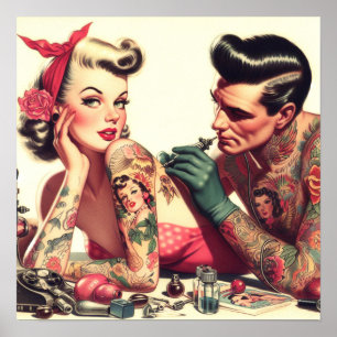 Póster Vintage Old School Tattoo Ilustracion Pareja de Ta