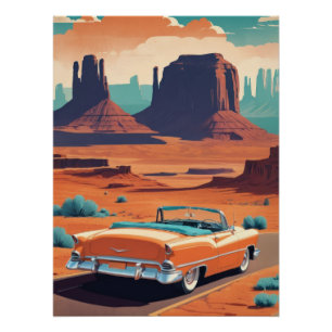 Póster Vintage Orange Convertible Desert Road Trip Art