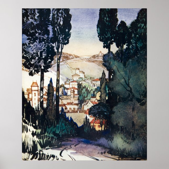 Póster Vintage Paisaje Antiguo Acuarela Fiesole Italia (Frente)