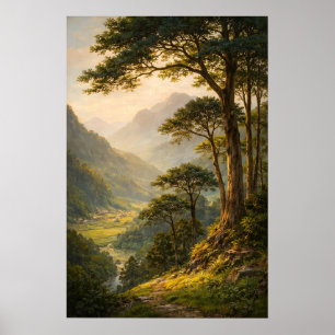 Póster vintage paisaje montañoso, Bosque sereno