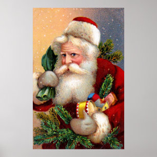 Póster Vintage Papá Noel con los juguetes y las ramitas
