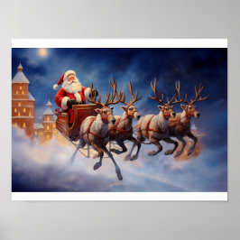 Póster Vintage Papá Noel vuela en Sleigh