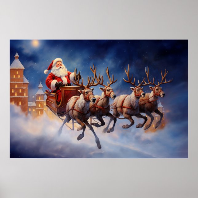 Póster Vintage Papá Noel vuela en Sleigh (Frente)