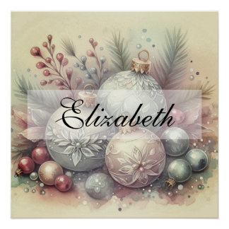 Póster Vintage Pastel Watercolor Ornamentos navideños