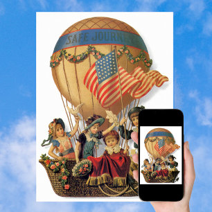 Póster Vintage Patriótico, Niños en un Globo Aerostático