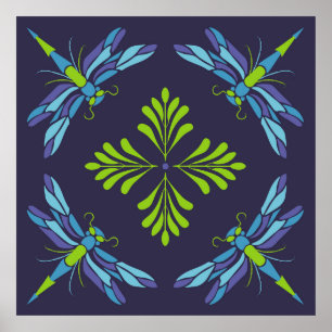 Póster Vintage pattern green blue dragonfly on dark backg