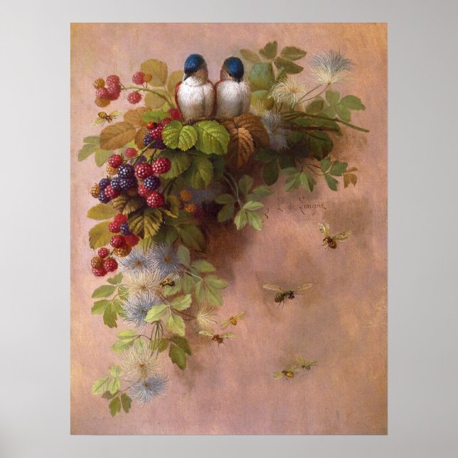 Póster Vintage Paul de Longpré Art Birds Berries (Frente)