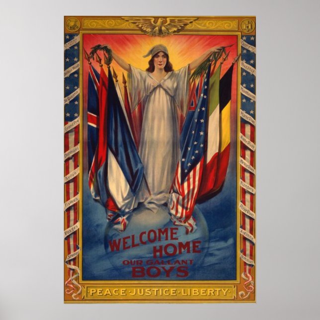 Póster Vintage Peace Justice Liberty Bandera Americana (Frente)