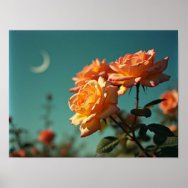 Póster Vintage Peach Roses Under Blue Crescent Moon Sky