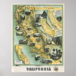 Póster Vintage Pictorial California Map Poster 1888