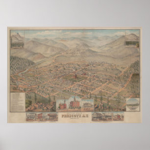 Póster Vintage Pictorial Map of Prescott Arizona (1885)