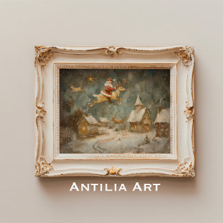 Póster Vintage pintura navideña Santa Claus y reno