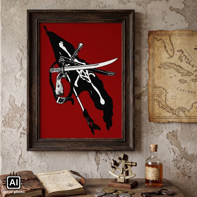Póster Vintage Pirates Flag, Jolly Roger Skull Crossbones (Vintage illustration featuring a pirate flag, aka the Jolly Roger (a skull and crossbones).)