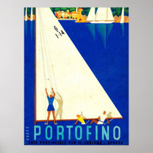 Póster Vintage Portofino Blue Sea White Sailboats Tourism