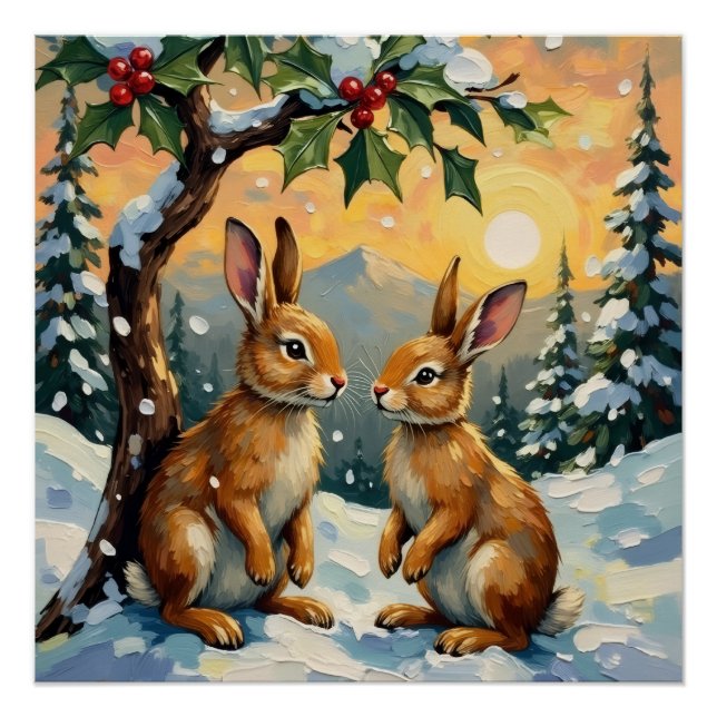 Póster Vintage Rabbits Beneath the Holly Tree Christmas (Anverso)