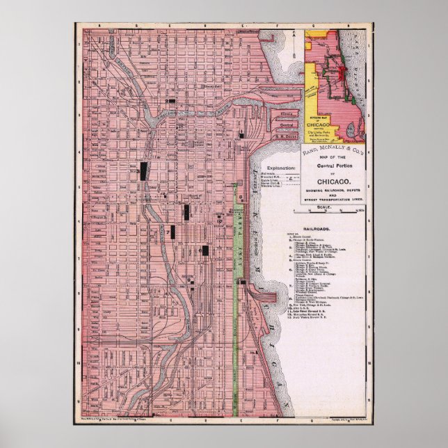 Póster Vintage Red Map of Chicago Poster 1897 (Frente)