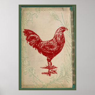 Póster Vintage Red Rooster Shabby Chic Grunge Chicken