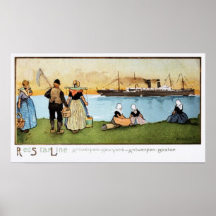 Póster Vintage Red Star Line Antwerp New York Boston