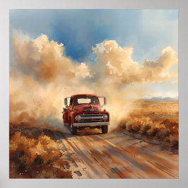 Póster Vintage Red Truck Driving Through Desert Landscape