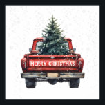 Póster Vintage Red Truck Merry Christmas<br><div class="desc">Navidades temáticos de la vieja usanza con un camión rojo vintage con un árbol de Navidad con nieve y copos de nieve cayendo. La Feliz Navidad es editable.</div>