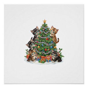 Póster Vintage Retro 90's Gato Árbol de Navidad Amante de
