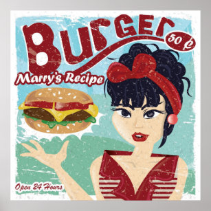 Póster Vintage, retro burger diner Poster