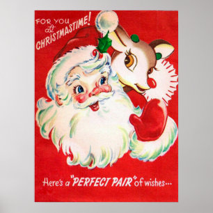 Póster Vintage retro Christmas Santa Reindeer poster