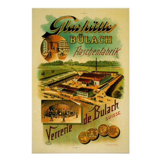 Póster Vintage Retro Glass Glashütte Bülach Factory (Anverso)