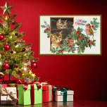 Póster Vintage Retro Merry Christmas Cute Cat Bird Berry<br><div class="desc">Una bonita postal vintage retro alegre navidad de 1911. Representa a dos lindos gatos,  un pájaro,  bayas verdes y rojas con saludos festivos. ¡Gran poster de navidad vintage para celebrar la temporada de fiestas! Feliz Navidad!</div>