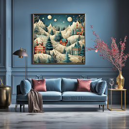 Póster Vintage Retro Navidades Village Pine Trees Snow