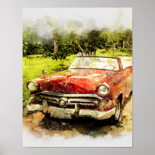 Póster Vintage Retro Old Classic Car Auto Watercolor Art