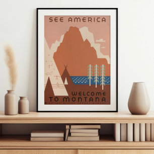 Póster Vintage Retro Ver América Bienvenidos a Montana