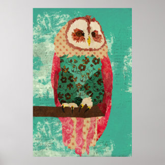 Póster Vintage Rosa Owl Turquoise Art Poster