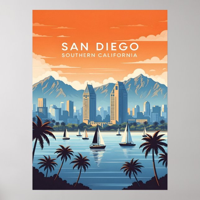 Póster Vintage San Diego skyline with sailboats (Frente)
